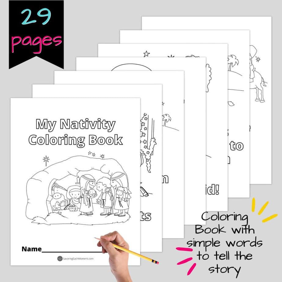 nativity coloring pages printables with a hand holing a pencil