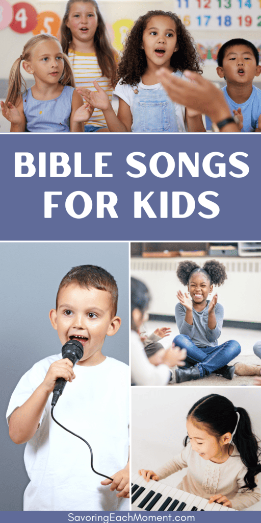 four different pictures of children singing bible songs for kids