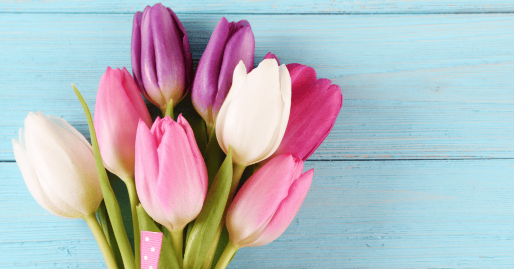 bouquet of pink, purple and white tulips with a tag that says "happy mother's day"